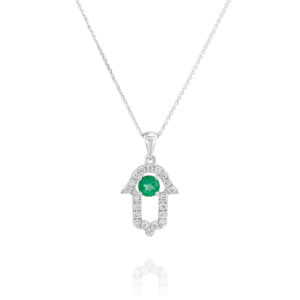 Diamond Hamsa And Green Emerald In The Center Pendant